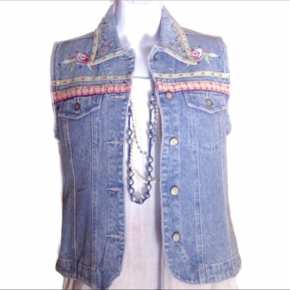 Vintage B Blass Embroidered Hippie Denim Jean Vest - Picture 2 of 6